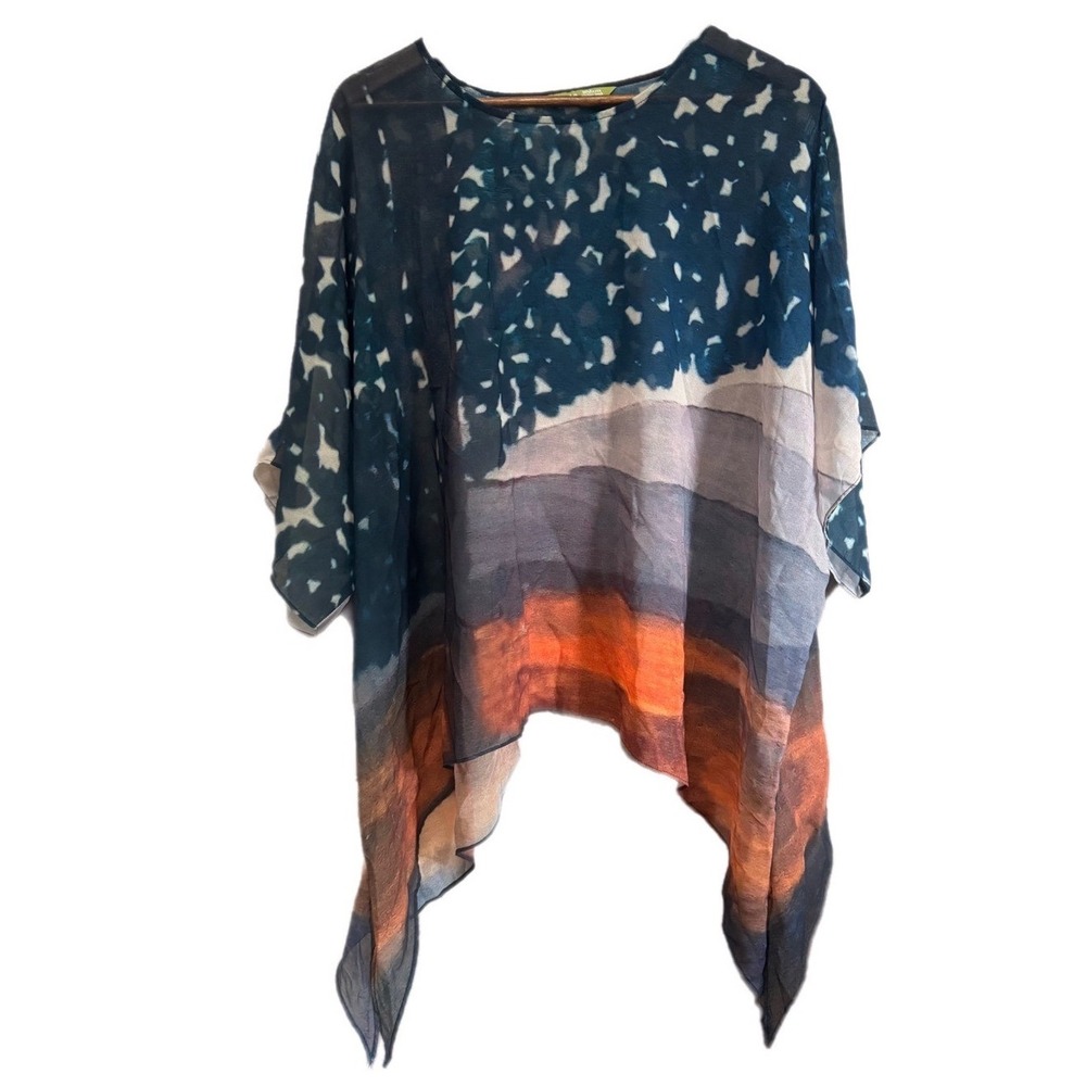 Jade Poncho Top Women S/M Blue Orange Abstract Sheer Handkerchief Hem Excellent